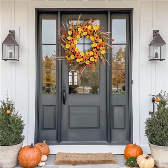 22" Fall Autumn Wreaths for Front Door Orange Daisy Wreath with Grain Ears - Picture 12 of 12